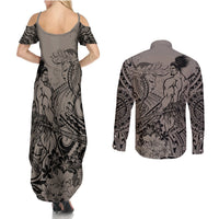 Beauty and The Warrior Polynesian Valentine Couples Matching Summer Maxi Dress and Long Sleeve Button Shirt Hibiscus FLowers Brown Style LT9 - Polynesian Pride