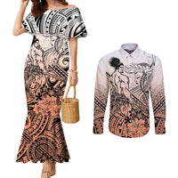 Beauty and The Warrior Polynesian Valentine Couples Matching Mermaid Dress and Long Sleeve Button Shirt Hibiscus FLowers Orange Style LT9 Orange - Polynesian Pride