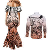 Beauty and The Warrior Polynesian Valentine Couples Matching Mermaid Dress and Long Sleeve Button Shirt Hibiscus FLowers Orange Style LT9 - Polynesian Pride
