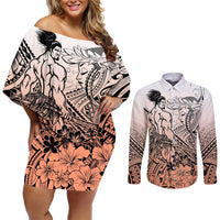 Beauty and The Warrior Polynesian Valentine Couples Matching Off Shoulder Short Dress and Long Sleeve Button Shirt Hibiscus FLowers Orange Style LT9 Orange - Polynesian Pride