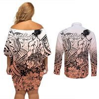Beauty and The Warrior Polynesian Valentine Couples Matching Off Shoulder Short Dress and Long Sleeve Button Shirt Hibiscus FLowers Orange Style LT9 - Polynesian Pride