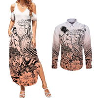 Beauty and The Warrior Polynesian Valentine Couples Matching Summer Maxi Dress and Long Sleeve Button Shirt Hibiscus FLowers Orange Style LT9 Orange - Polynesian Pride