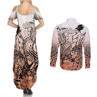 Beauty and The Warrior Polynesian Valentine Couples Matching Summer Maxi Dress and Long Sleeve Button Shirt Hibiscus FLowers Orange Style LT9 - Polynesian Pride