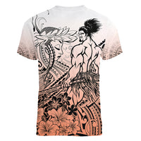 Beauty and The Warrior Polynesian Valentine Women V Neck T Shirt Hibiscus FLowers Orange Style LT9 - Polynesian Pride