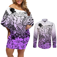 Beauty and The Warrior Polynesian Valentine Couples Matching Off Shoulder Short Dress and Long Sleeve Button Shirt Hibiscus FLowers Purple Style LT9 Purple - Polynesian Pride