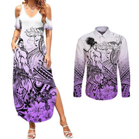 Beauty and The Warrior Polynesian Valentine Couples Matching Summer Maxi Dress and Long Sleeve Button Shirt Hibiscus FLowers Purple Style LT9 Purple - Polynesian Pride