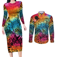 Beauty and The Warrior Polynesian Valentine Couples Matching Long Sleeve Bodycon Dress and Long Sleeve Button Shirt Hibiscus FLowers Rainbow Style LT9 Rainbow - Polynesian Pride