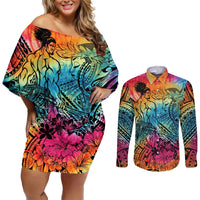 Beauty and The Warrior Polynesian Valentine Couples Matching Off Shoulder Short Dress and Long Sleeve Button Shirt Hibiscus FLowers Rainbow Style LT9 Rainbow - Polynesian Pride