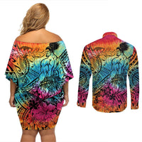 Beauty and The Warrior Polynesian Valentine Couples Matching Off Shoulder Short Dress and Long Sleeve Button Shirt Hibiscus FLowers Rainbow Style LT9 - Polynesian Pride