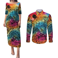 Beauty and The Warrior Polynesian Valentine Couples Matching Puletasi Dress and Long Sleeve Button Shirt Hibiscus FLowers Rainbow Style LT9 Rainbow - Polynesian Pride