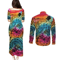 Beauty and The Warrior Polynesian Valentine Couples Matching Puletasi Dress and Long Sleeve Button Shirt Hibiscus FLowers Rainbow Style LT9 - Polynesian Pride