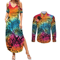 Beauty and The Warrior Polynesian Valentine Couples Matching Summer Maxi Dress and Long Sleeve Button Shirt Hibiscus FLowers Rainbow Style LT9 Rainbow - Polynesian Pride