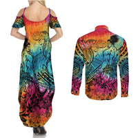 Beauty and The Warrior Polynesian Valentine Couples Matching Summer Maxi Dress and Long Sleeve Button Shirt Hibiscus FLowers Rainbow Style LT9 - Polynesian Pride