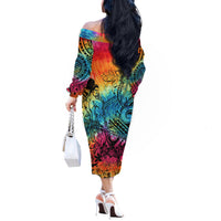 Beauty and The Warrior Polynesian Valentine Off The Shoulder Long Sleeve Dress Hibiscus FLowers Rainbow Style LT9 - Polynesian Pride