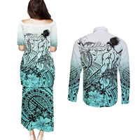 Beauty and The Warrior Polynesian Valentine Couples Matching Puletasi Dress and Long Sleeve Button Shirt Hibiscus FLowers Turquoise Style LT9 - Polynesian Pride