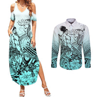 Beauty and The Warrior Polynesian Valentine Couples Matching Summer Maxi Dress and Long Sleeve Button Shirt Hibiscus FLowers Turquoise Style LT9 Turquoise - Polynesian Pride