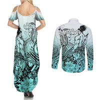 Beauty and The Warrior Polynesian Valentine Couples Matching Summer Maxi Dress and Long Sleeve Button Shirt Hibiscus FLowers Turquoise Style LT9 - Polynesian Pride
