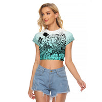 Beauty and The Warrior Polynesian Valentine Raglan Cropped T Shirt Hibiscus FLowers Turquoise Style LT9 Female Turquoise - Polynesian Pride