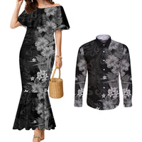 Hawaii Tropical Flowers Tribal Pattern Couples Matching Mermaid Dress and Long Sleeve Button Shirt Black Style LT9 Black - Polynesian Pride