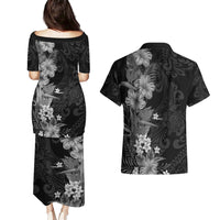 Hawaii Tropical Flowers Tribal Pattern Couples Matching Puletasi and Hawaiian Shirt Black Style LT9 - Polynesian Pride