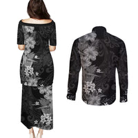 Hawaii Tropical Flowers Tribal Pattern Couples Matching Puletasi and Long Sleeve Button Shirt Black Style LT9 - Polynesian Pride