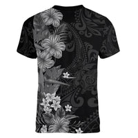 Hawaii Tropical Flowers Tribal Pattern Women V Neck T Shirt Black Style LT9 - Polynesian Pride