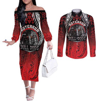 Aotearoa Bulldog Personalised Couples Matching Off The Shoulder Long Sleeve Dress and Long Sleeve Button Shirt Maori Kowhaiwhai Motif LT9 Red - Polynesian Pride