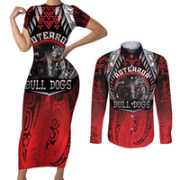 Aotearoa Bulldog Personalised Couples Matching Short Sleeve Bodycon Dress and Long Sleeve Button Shirt Maori Kowhaiwhai Motif LT9 Red - Polynesian Pride