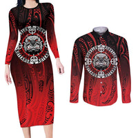 Aotearoa Bulldog Couples Matching Long Sleeve Bodycon Dress and Long Sleeve Button Shirt New Zealand Kowhaiwhai Tribal LT9 Red - Polynesian Pride