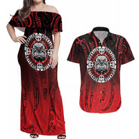 Aotearoa Bulldog Couples Matching Off Shoulder Maxi Dress and Hawaiian Shirt New Zealand Kowhaiwhai Tribal LT9 Red - Polynesian Pride