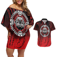 Aotearoa Bulldog Couples Matching Off Shoulder Short Dress and Hawaiian Shirt New Zealand Kowhaiwhai Tribal LT9 Red - Polynesian Pride