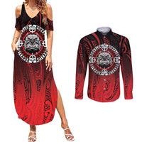Aotearoa Bulldog Couples Matching Summer Maxi Dress and Long Sleeve Button Shirt New Zealand Kowhaiwhai Tribal LT9 Red - Polynesian Pride
