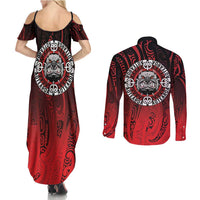 Aotearoa Bulldog Couples Matching Summer Maxi Dress and Long Sleeve Button Shirt New Zealand Kowhaiwhai Tribal LT9 - Polynesian Pride