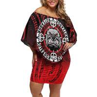 Aotearoa Bulldog Off Shoulder Short Dress New Zealand Kowhaiwhai Tribal LT9 Women Red - Polynesian Pride