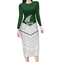Custom New Zealand Maori Niho Taniwha Family Matching Long Sleeve Bodycon Dress and Hawaiian Shirt LT9 Mom's Dress Green - Polynesian Pride