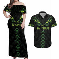 Custom New Zealand Maori Koru Koiri Motif Couples Matching Off Shoulder Maxi Dress and Hawaiian Shirt LT9 Green - Polynesian Pride