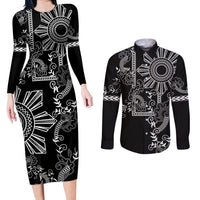 Filipino Sun Tribal Tattoo Couples Matching Long Sleeve Bodycon Dress and Long Sleeve Button Shirt Philippines Inspired Barong Simple Black LT9 Black - Polynesian Pride