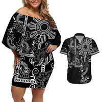 Filipino Sun Tribal Tattoo Couples Matching Off Shoulder Short Dress and Hawaiian Shirt Philippines Inspired Barong Simple Black LT9 Black - Polynesian Pride