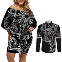 Filipino Sun Tribal Tattoo Couples Matching Off Shoulder Short Dress and Long Sleeve Button Shirt Philippines Inspired Barong Simple Black LT9 Black - Polynesian Pride