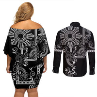 Filipino Sun Tribal Tattoo Couples Matching Off Shoulder Short Dress and Long Sleeve Button Shirt Philippines Inspired Barong Simple Black LT9 - Polynesian Pride