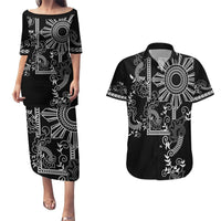 Filipino Sun Tribal Tattoo Couples Matching Puletasi and Hawaiian Shirt Philippines Inspired Barong Simple Black LT9 Black - Polynesian Pride