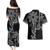 Filipino Sun Tribal Tattoo Couples Matching Puletasi and Hawaiian Shirt Philippines Inspired Barong Simple Black LT9 - Polynesian Pride