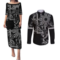 Filipino Sun Tribal Tattoo Couples Matching Puletasi and Long Sleeve Button Shirt Philippines Inspired Barong Simple Black LT9 Black - Polynesian Pride