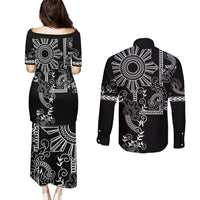 Filipino Sun Tribal Tattoo Couples Matching Puletasi and Long Sleeve Button Shirt Philippines Inspired Barong Simple Black LT9 - Polynesian Pride