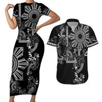 Filipino Sun Tribal Tattoo Couples Matching Short Sleeve Bodycon Dress and Hawaiian Shirt Philippines Inspired Barong Simple Black LT9 Black - Polynesian Pride