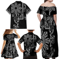 Filipino Sun Tribal Tattoo Family Matching Off Shoulder Maxi Dress and Hawaiian Shirt Philippines Inspired Barong Simple Black LT9 - Polynesian Pride