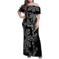 Filipino Sun Tribal Tattoo Family Matching Off Shoulder Maxi Dress and Hawaiian Shirt Philippines Inspired Barong Simple Black LT9 Mom's Dress Black - Polynesian Pride