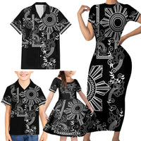 Filipino Sun Tribal Tattoo Family Matching Short Sleeve Bodycon Dress and Hawaiian Shirt Philippines Inspired Barong Simple Black LT9 - Polynesian Pride