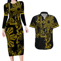 Filipino Sun Tribal Tattoo Couples Matching Long Sleeve Bodycon Dress and Hawaiian Shirt Philippines Inspired Barong Simple Gold LT9 Gold - Polynesian Pride