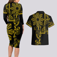 Filipino Sun Tribal Tattoo Couples Matching Long Sleeve Bodycon Dress and Hawaiian Shirt Philippines Inspired Barong Simple Gold LT9 - Polynesian Pride